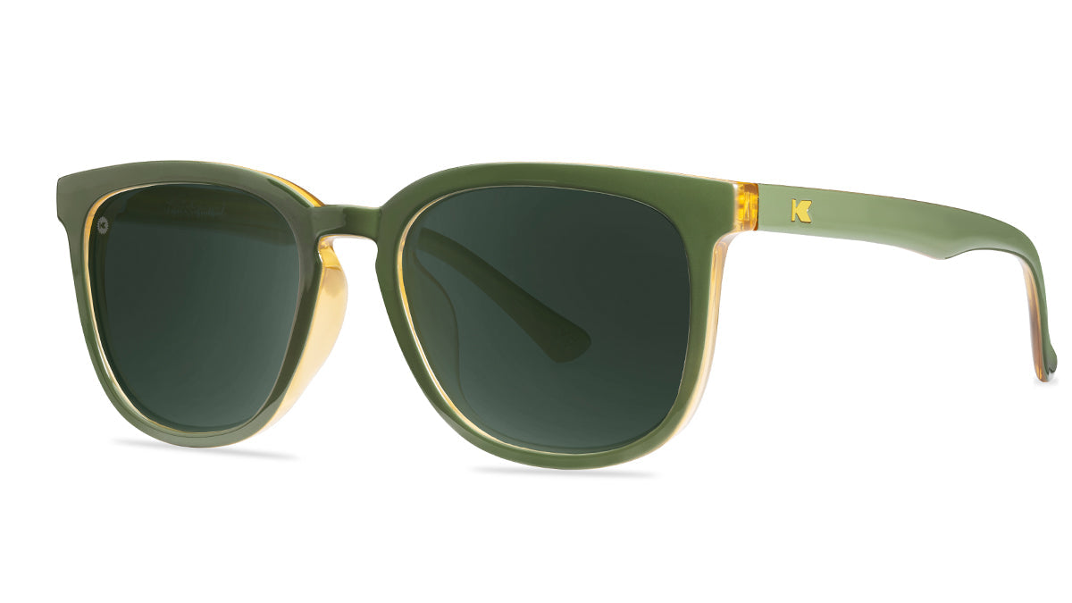 Sunglasses with Glossy Green Frames and Polarized Green Lenses, Threequarter