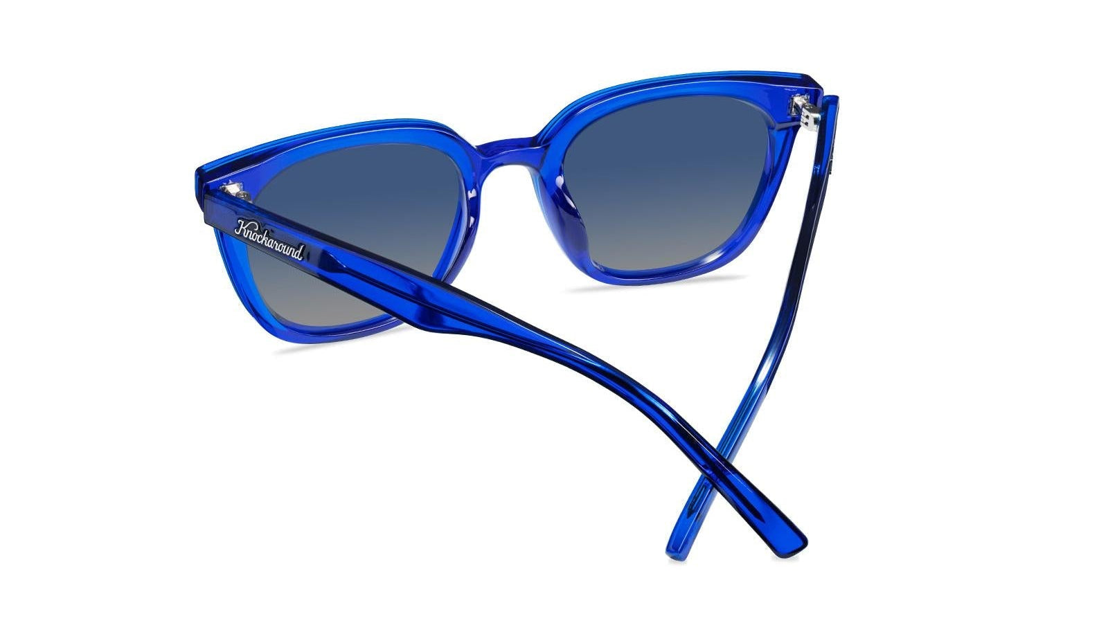 Sunglasses with a blue frame with polarized blue lenses, back
