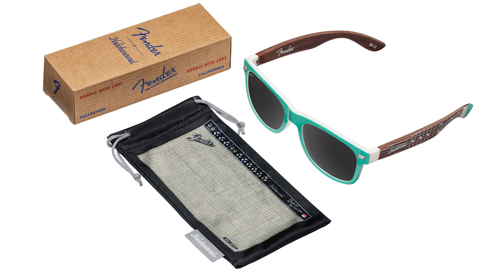 Knockaround and Fender® Surf Green Stratocaster™ Fort Knocks Sunglasses with polarized grey lenses, set