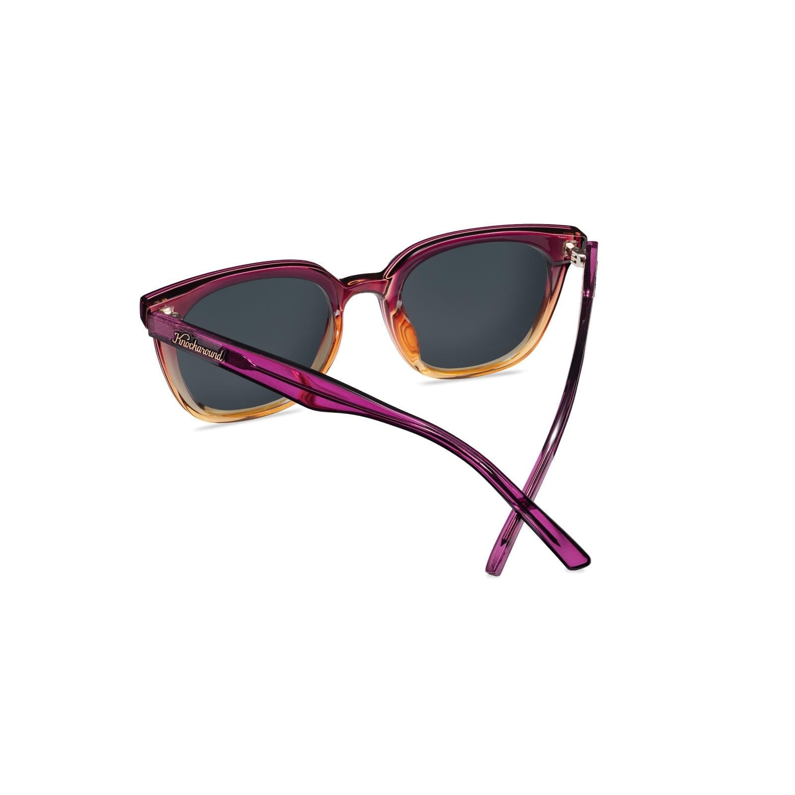 Sunglasses with purple frame with polarized pink lenses, back