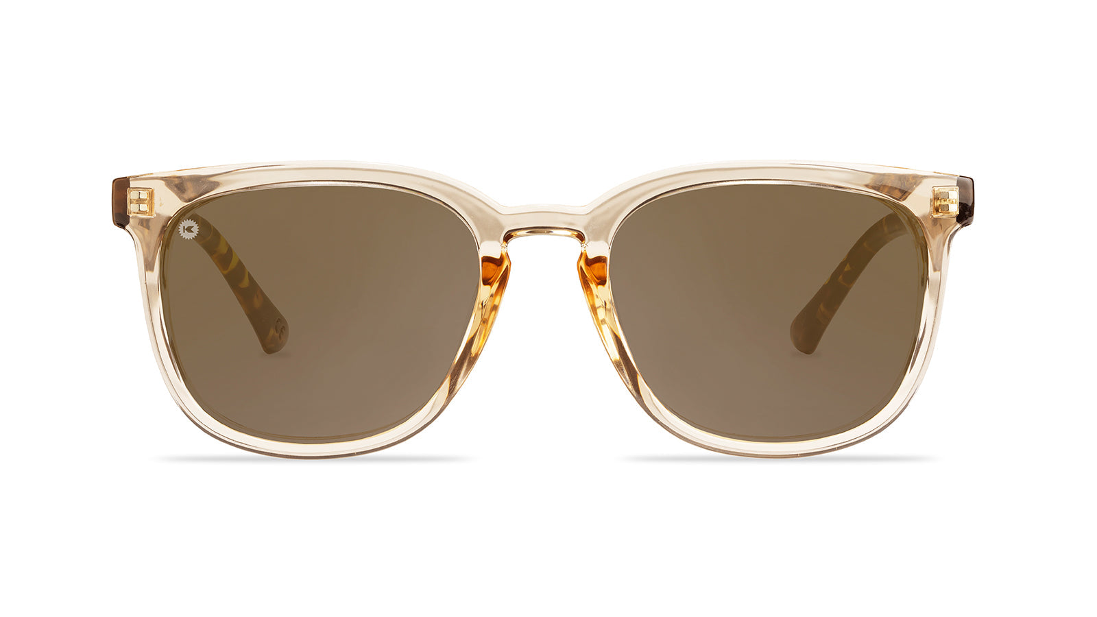 Sunglasses with Glossy translucent amber fronts Matte tortoise shell arms Polarized amber lenses