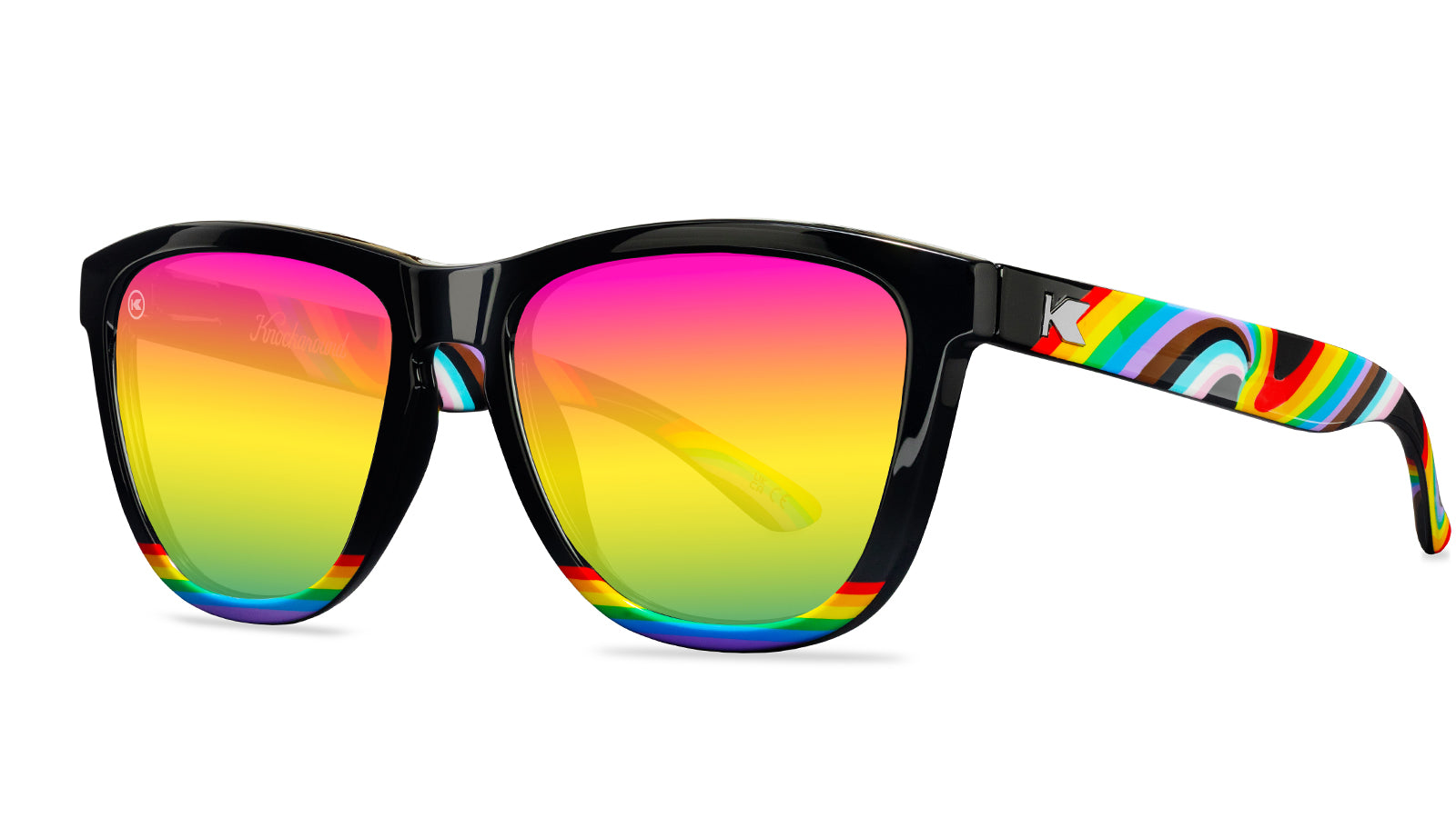 Sunglasses with Glossy black fronts with rainbow accent at bottom, Progress Pride color swirl across arms Silver K-logos Polarized rainbow lenses