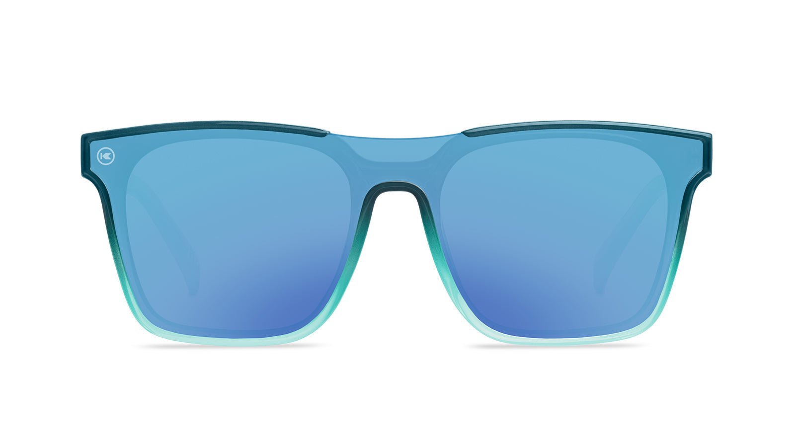 Sunglasses with a blue frame with polarized blue lenses, front