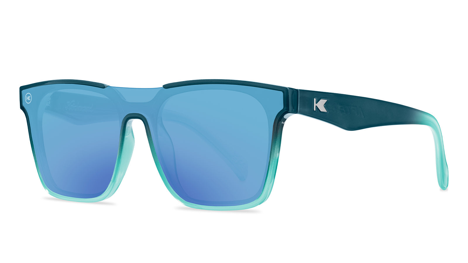 Sunglasses with a blue frame with polarized blue lenses, threequarter