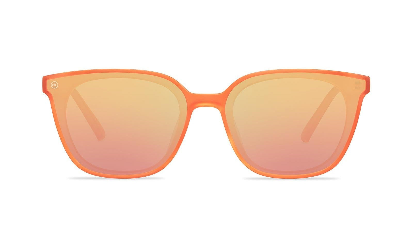 Sunglasses with an orange frame with polarized orange lenses, front