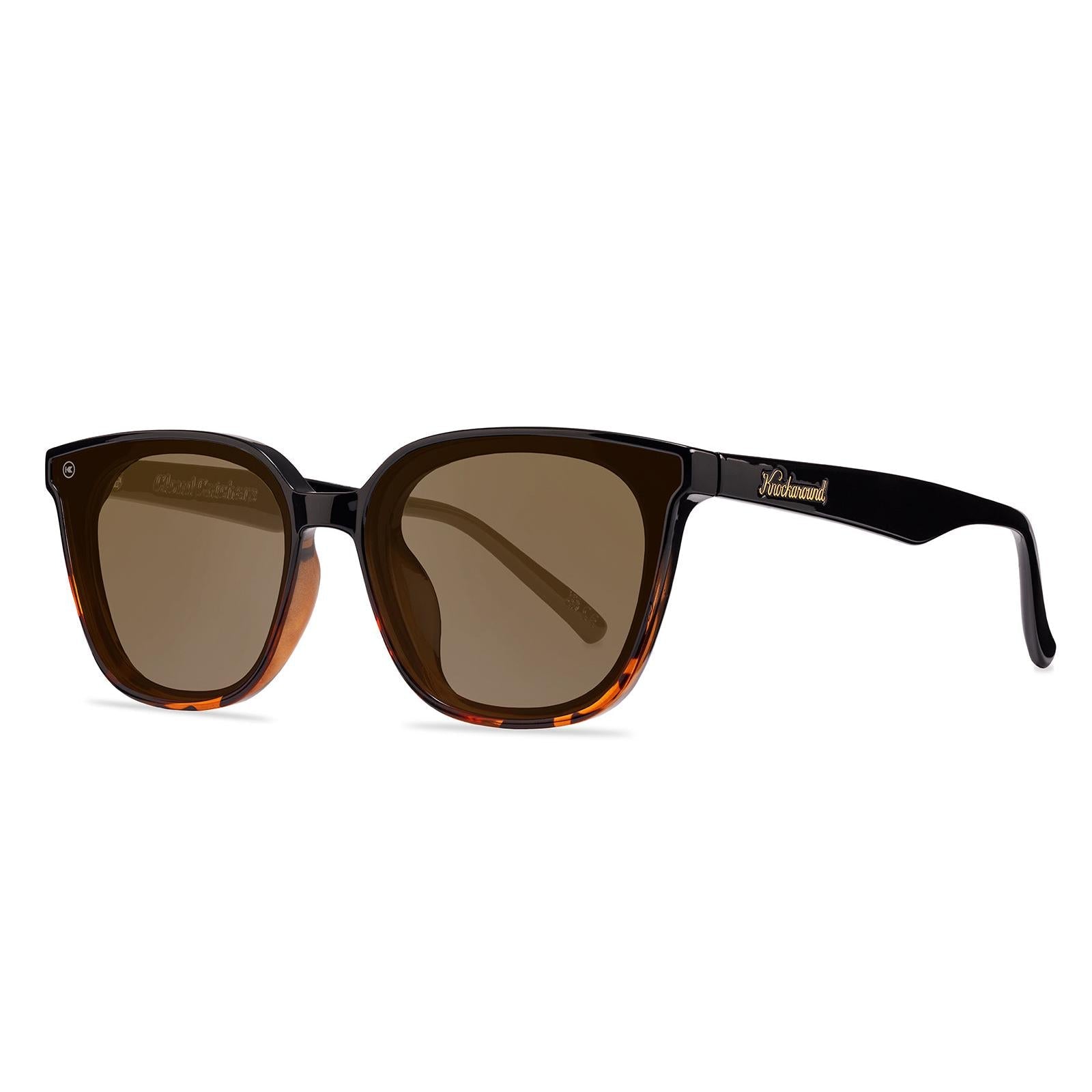 Sunglasses with a amber frame with polarized amber lenses, threequarter