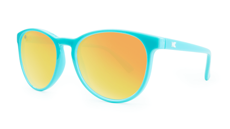 Mai Tais Sunglasses with Glossy Turquoise Frames and Yellow Sunset Mirrored Lenses, ThreeQuarter