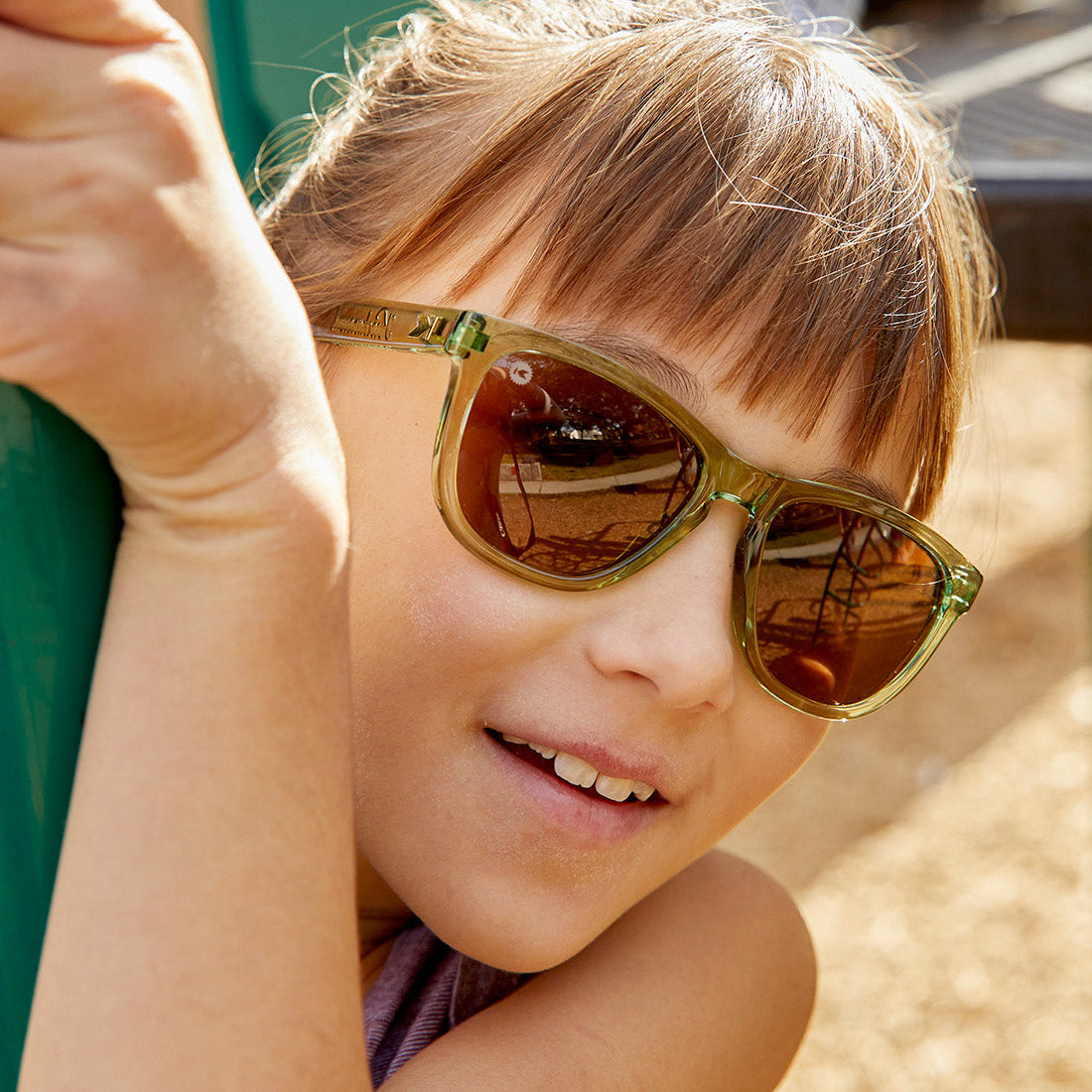 Kids Sunglasses with Aged Sage Frames and Polarized Amber Lenses, Model