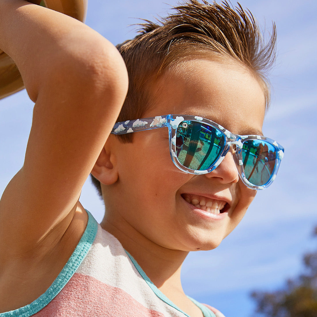 Sunglasses with Head in the Clouds Frames and Polarized Aqua Lenses, Model
