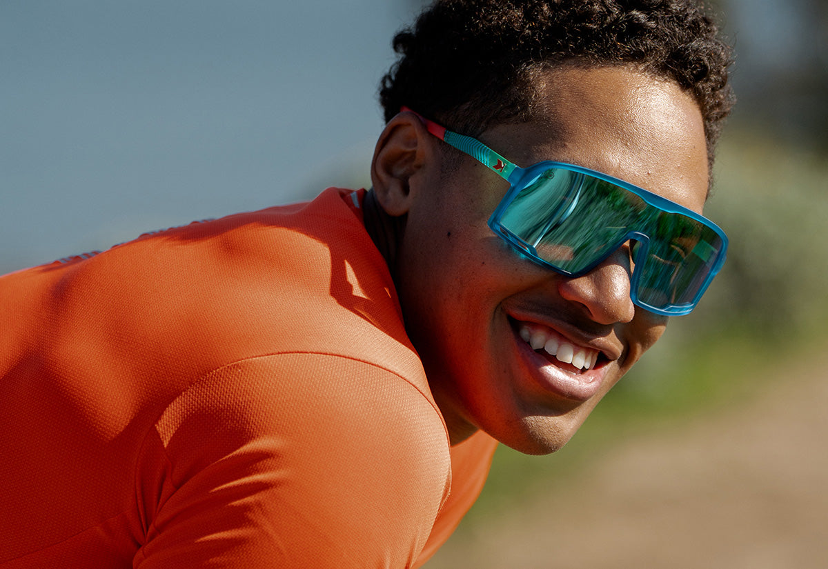 Sport Sunglasses with Blue Rubberized Frames and Polarized Aqua Lenses, Model