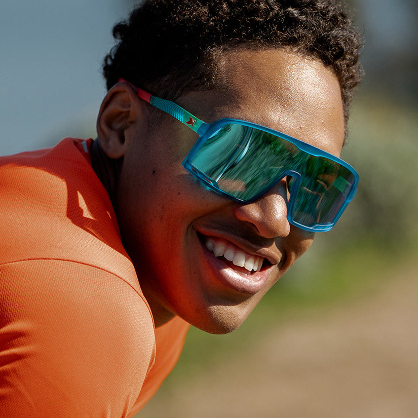 Sport Sunglasses with Blue Rubberized Frames and Polarized Aqua Lenses, Model
