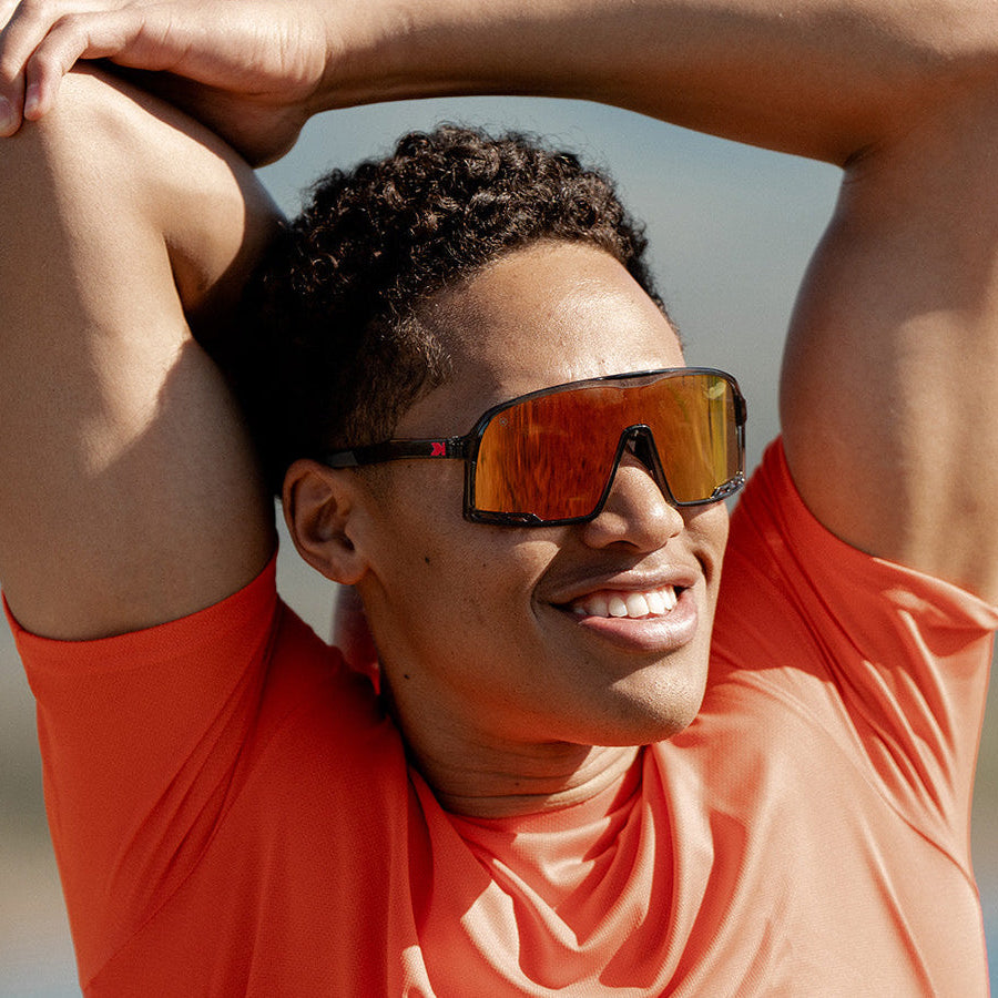Sport Sunglasses with Clear Grey Frames and Red Sunset Lenses, Model