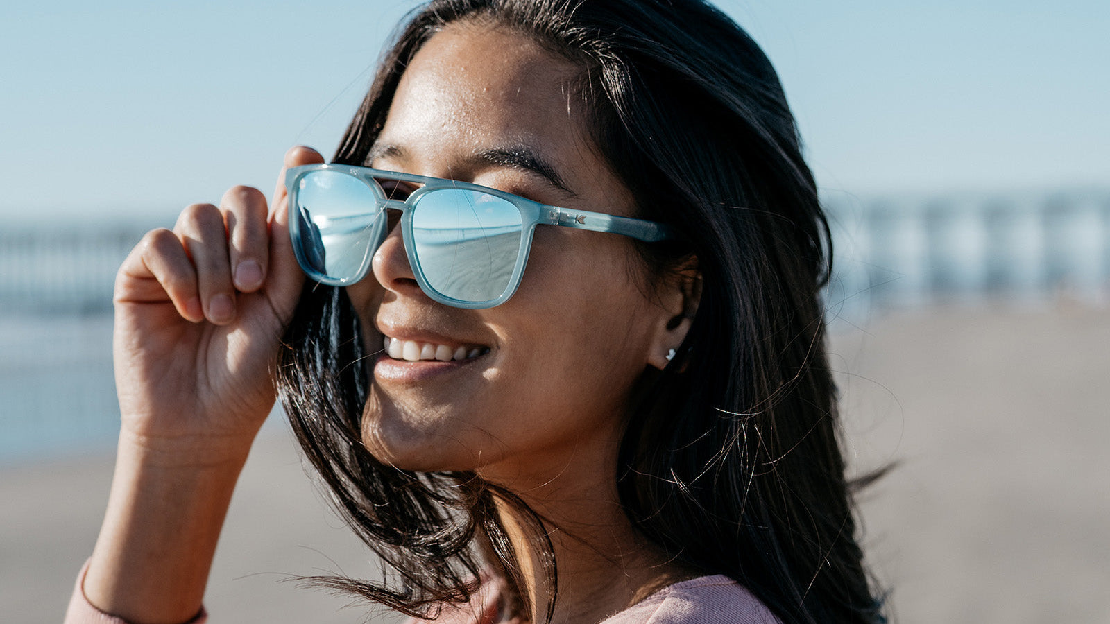 Sunglasses with Blue Frames and Polarized Sky Blue Lenses, Model