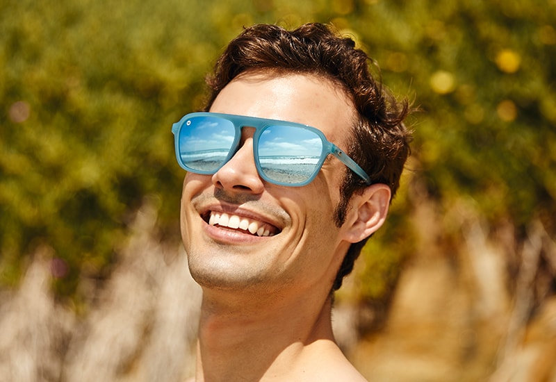 Sunglasses with Blue Frames and Polarized Blue Lenses, Male Model