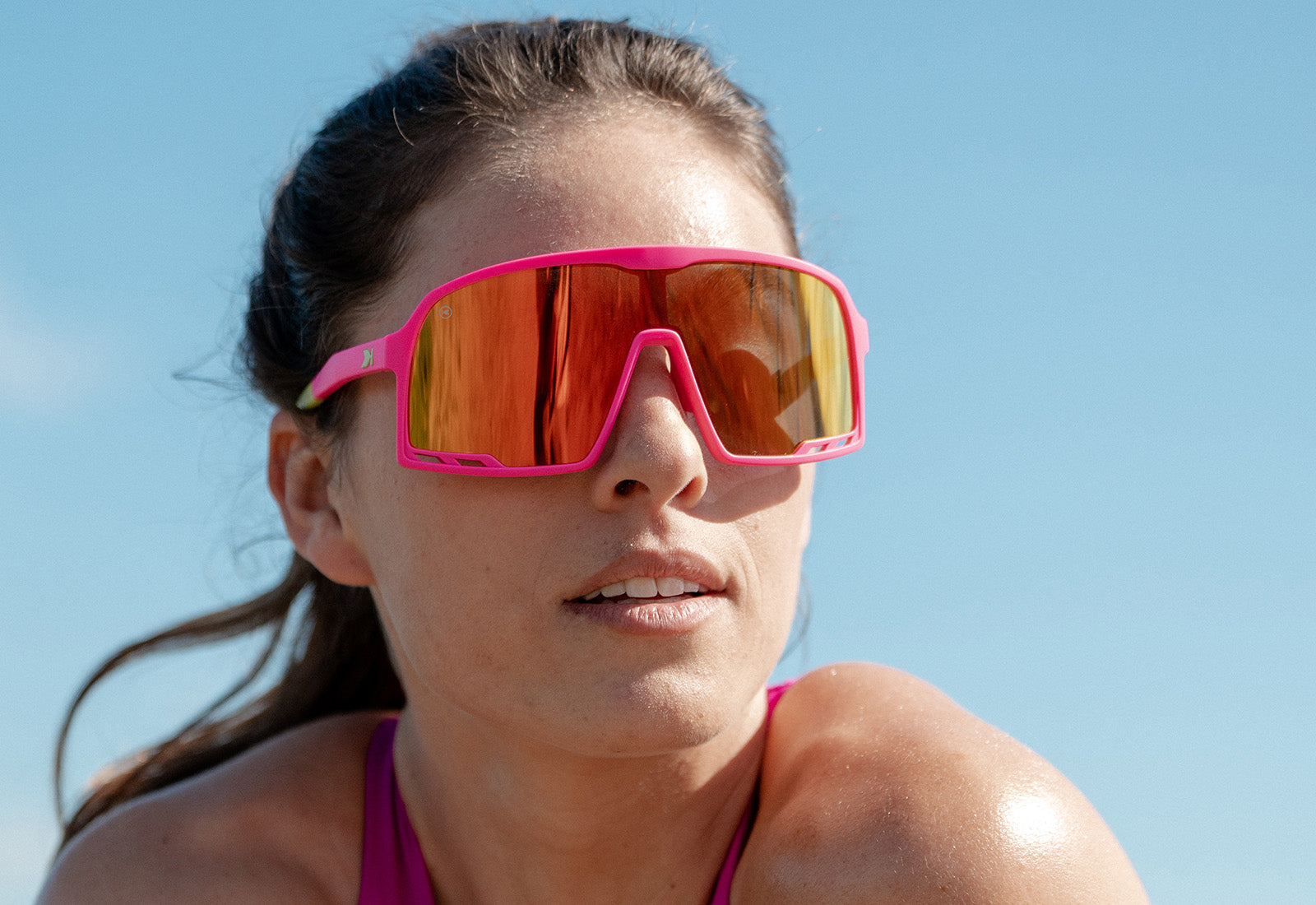 Sunglasses with Hot Pink Frames and Red Sunset Lenses, Model