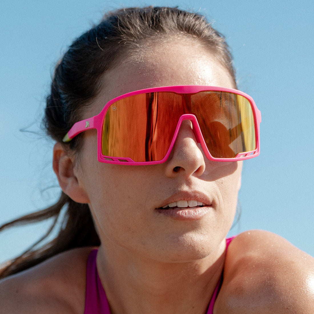 Sunglasses with Hot Pink Frames and Red Sunset Lenses, Model