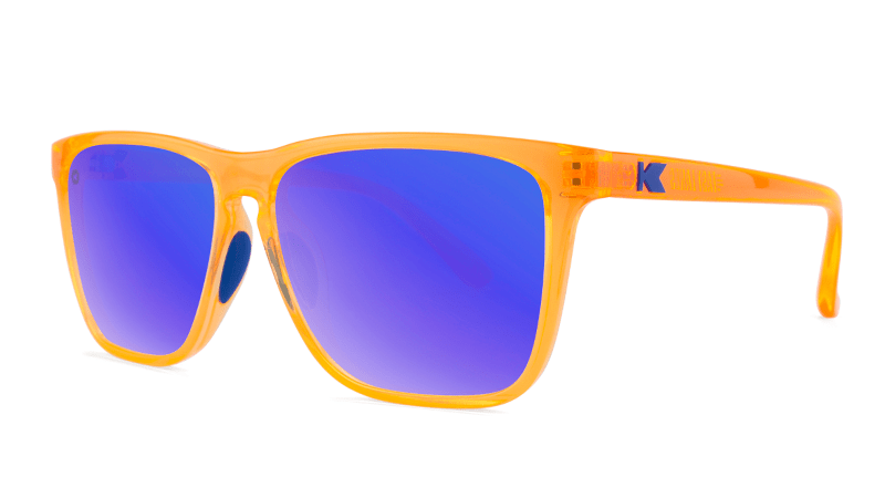 Sport Sunglasses with Neon Orange Frame and Polarized Blue Moonshine Lenses, Threequarter