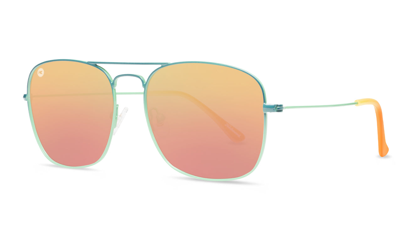 Sunglasses with Green Wire Frames and Polarized Rose Gold Lenses, Threequarter
