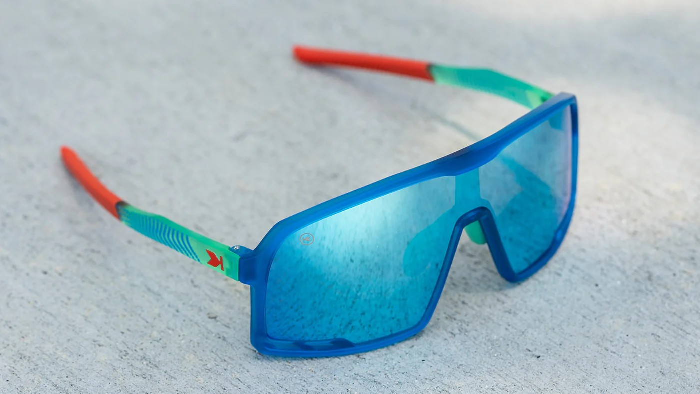 Sport Sunglasses with Blue Rubberized Frames and Polarized Aqua Lenses, Flyover