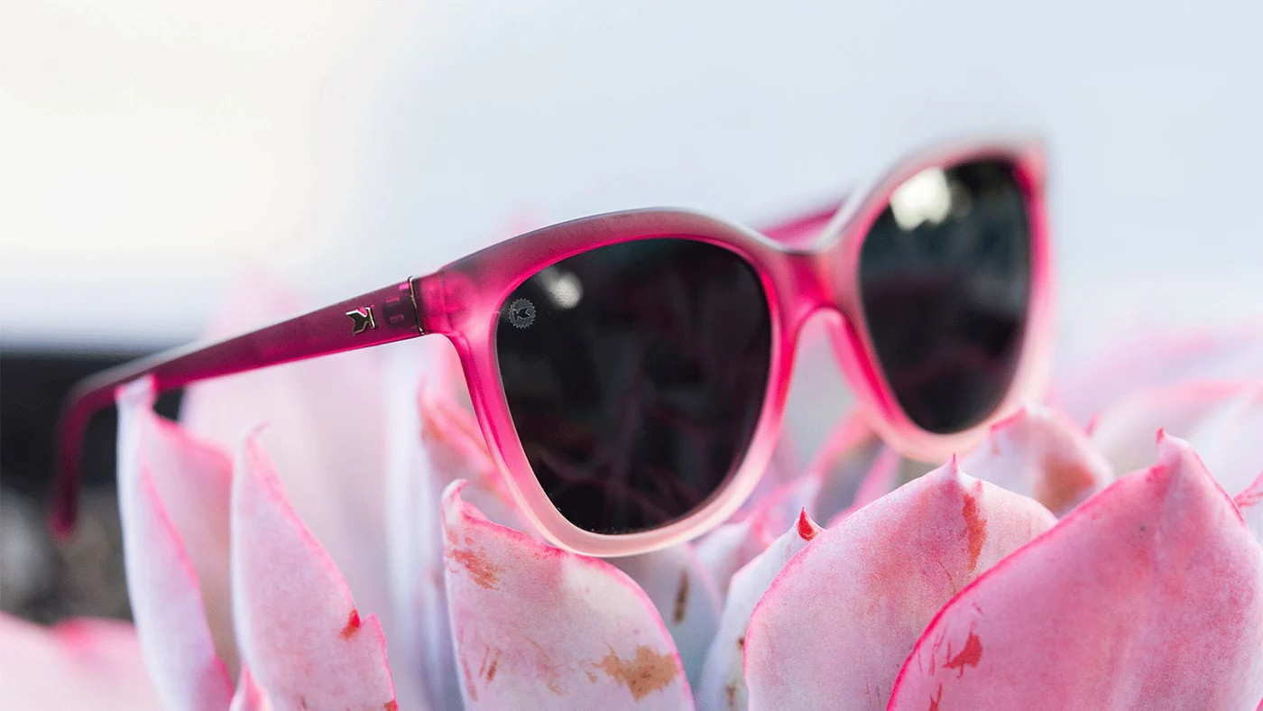 Sunglasses with Rose to White Fade Frames and Polarized Smoke Lenses, Flyover