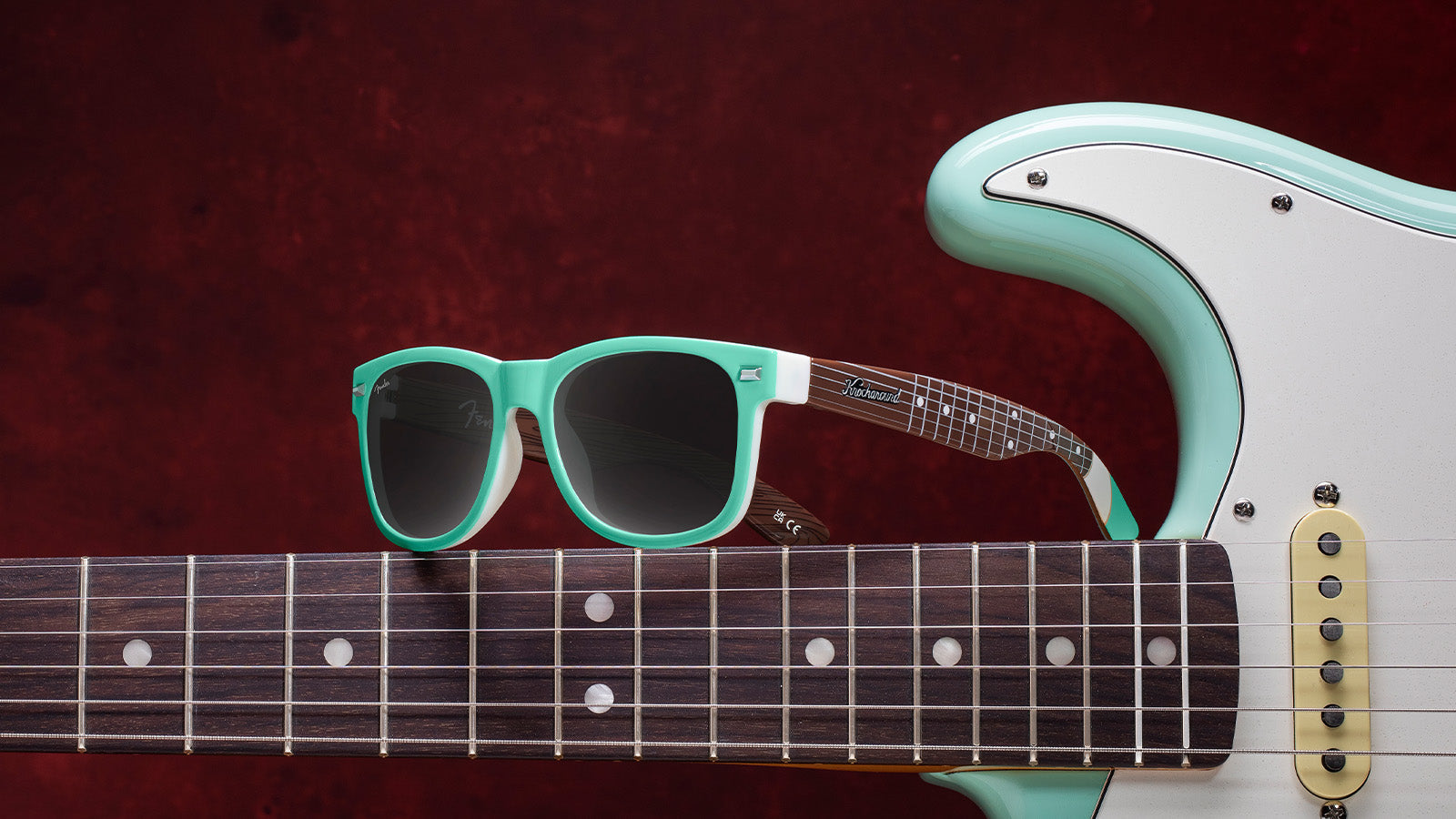 Knockaround and Fender® Surf Green Stratocaster™ Fort Knocks Sunglasses with polarized grey lenses, lifestyle
