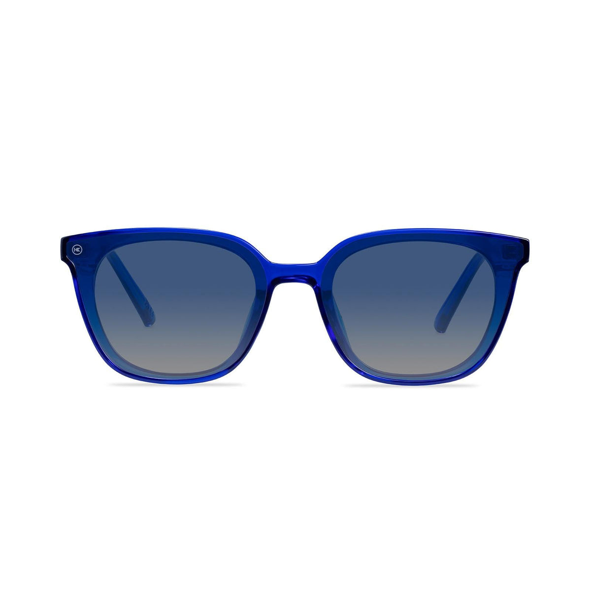 Sunglasses with a blue frame with polarized blue lenses, front
