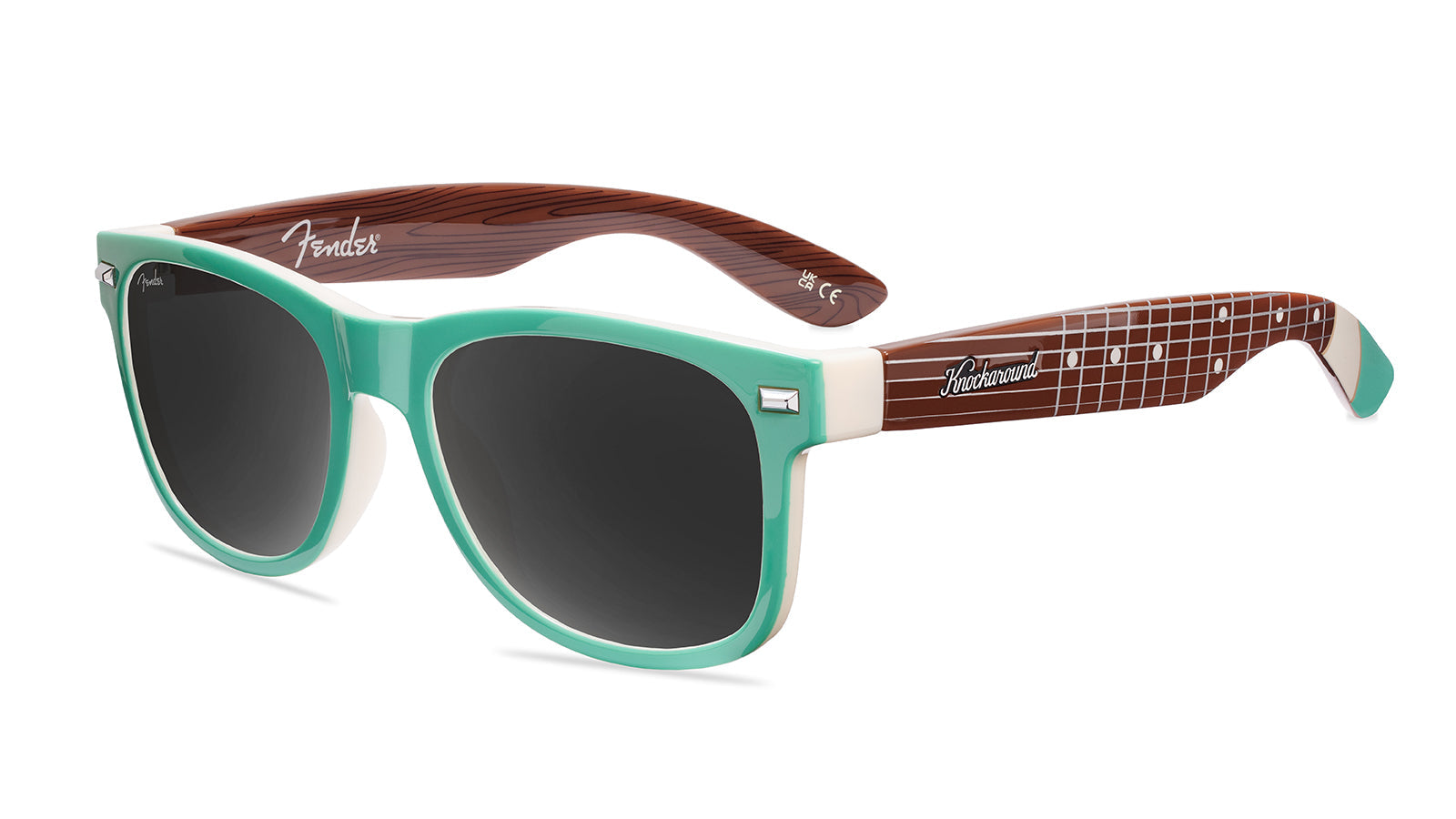 Knockaround and Fender® Surf Green Stratocaster™ Fort Knocks Sunglasses with polarized grey lenses, flyover