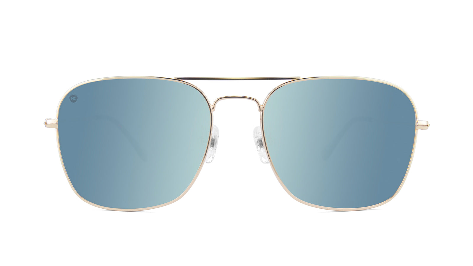 Sunglasses with Gold Metal Frame and Polarized Sky Blue Lenses, Flyover