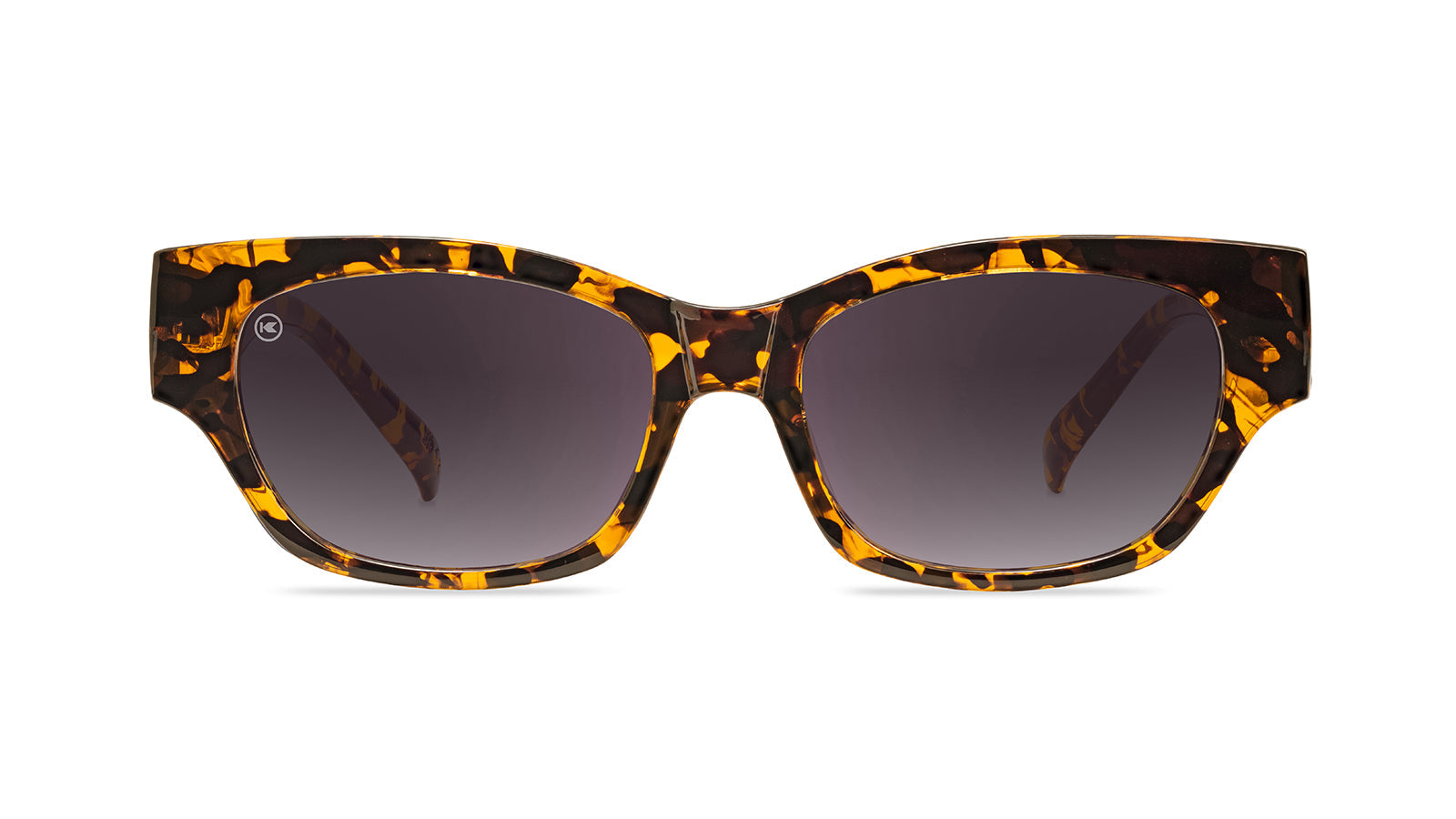 Sunglasses with an inky amber tortoise frame and polarized smoke gradient lenses, Flyover