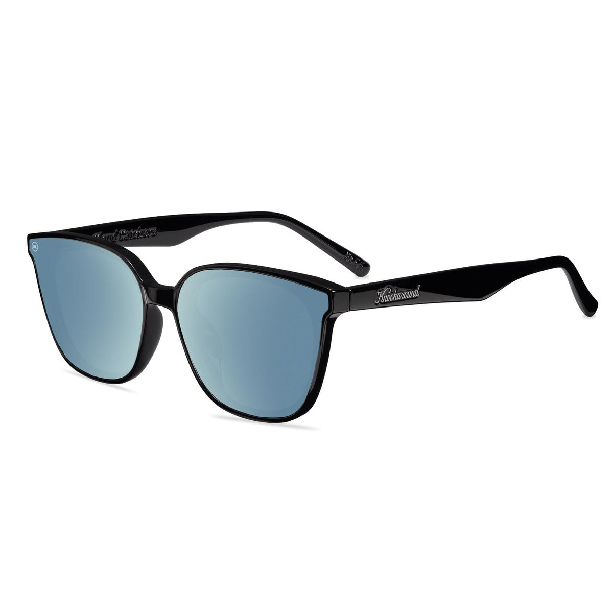 Sunglasses with a black frame with polarized blue lenses, flyover