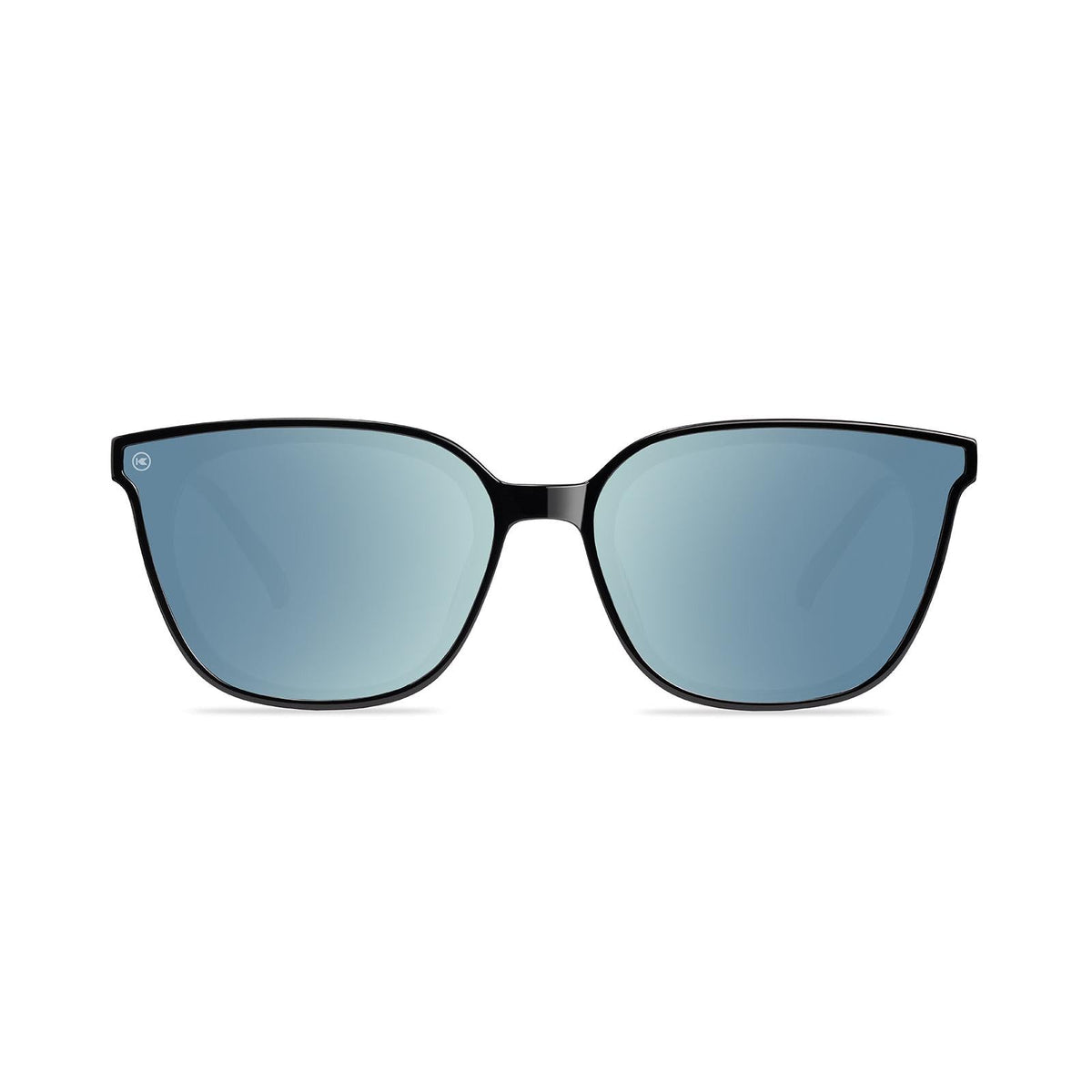 Sunglasses with a black frame with polarized blue lenses, front