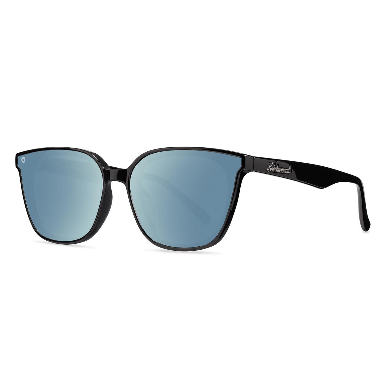 Sunglasses with a black frame with polarized blue lenses, threequarter