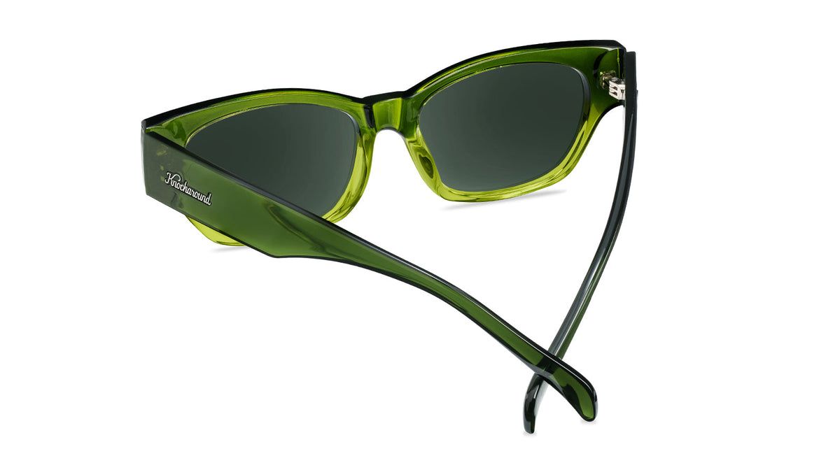 Sunglasses with a glossy seaweed green fade frame and polarized aviator green lenses, Back