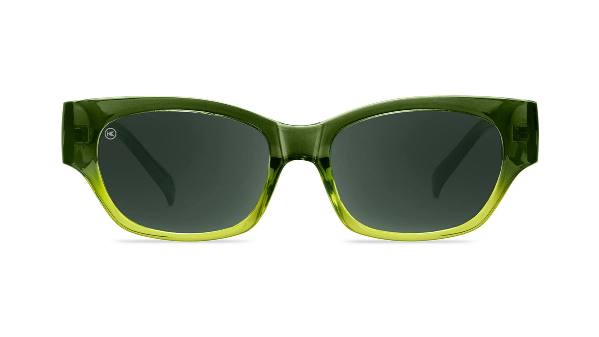 Sunglasses with a glossy seaweed green fade frame and polarized aviator green lenses, Front