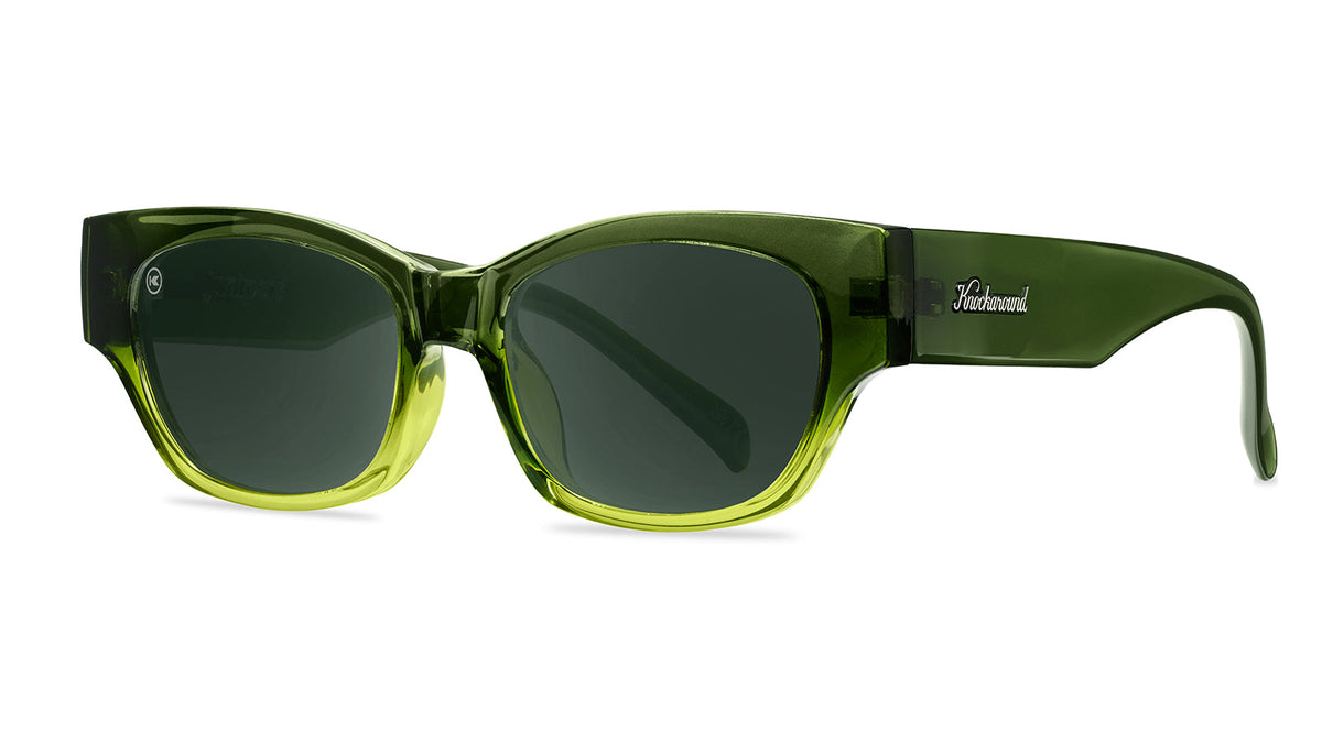 Sunglasses with a glossy seaweed green fade frame and polarized aviator green lenses, Threequarter