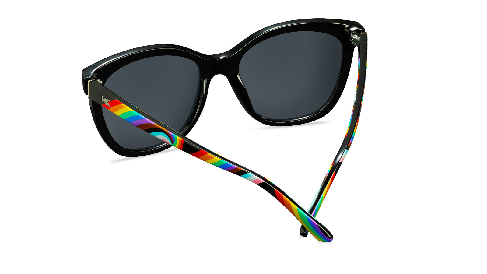 Sunglasses with Glossy black fronts with rainbow accent at bottom, Progress Pride color swirl across arms Silver K-logos Polarized rainbow lenses