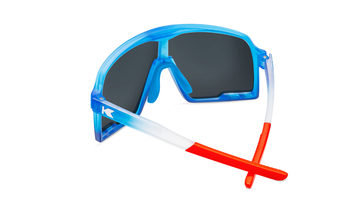 Kids Sport Sunglasses with Red, White, and Blue Gradient Frames and Blue Lenses, Back