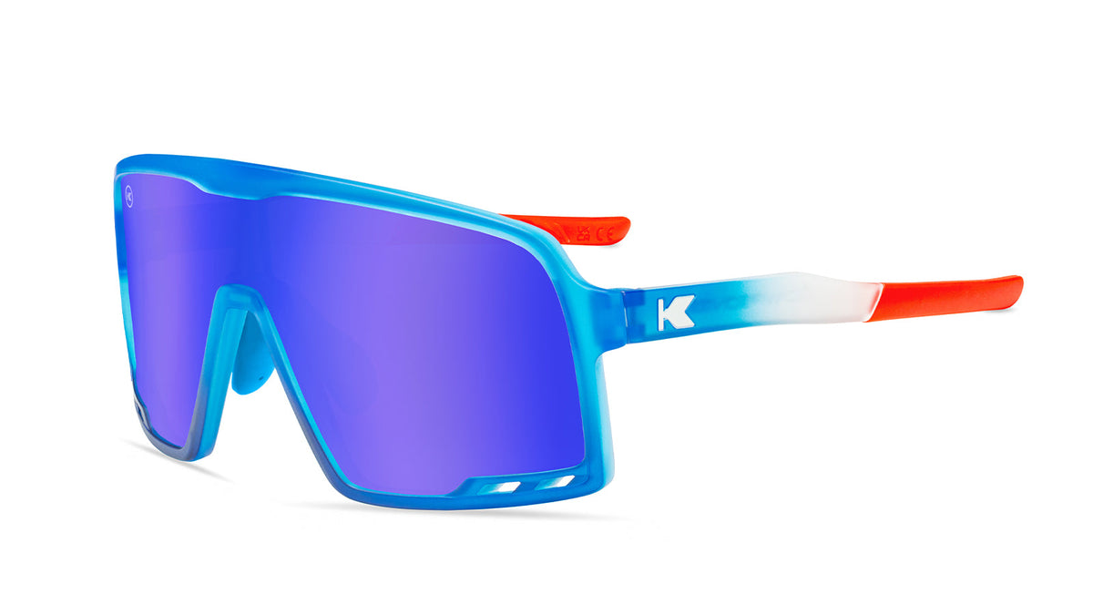 Kids Sport Sunglasses with Red, White, and Blue Gradient Frames and Blue Lenses, Flyover