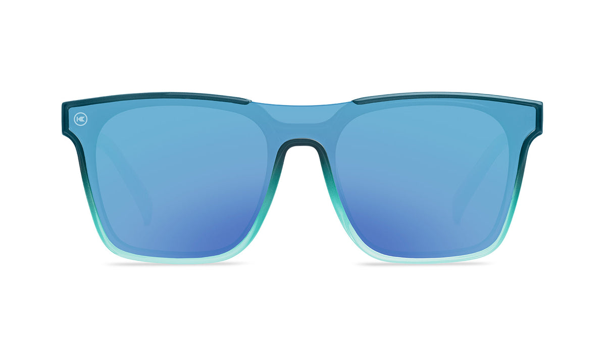 Sunglasses with a blue frame with polarized blue lenses, front