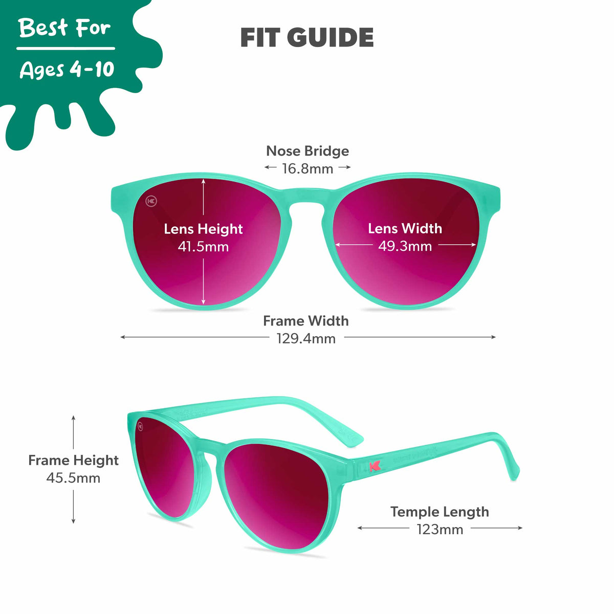 Aquamarine / Fuchsia Kids Shirley Temples Sunglasses, Fit Guide