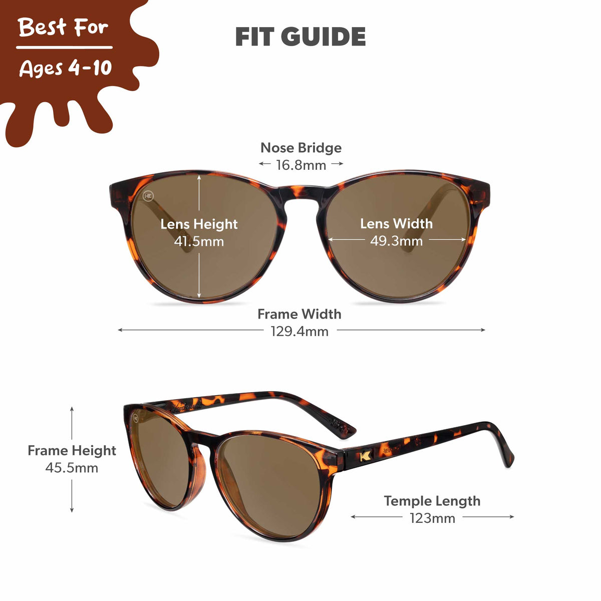 Glossy Tortoise Shell / Amber Kids Shirley Temples Sunglasses, Fit Guide