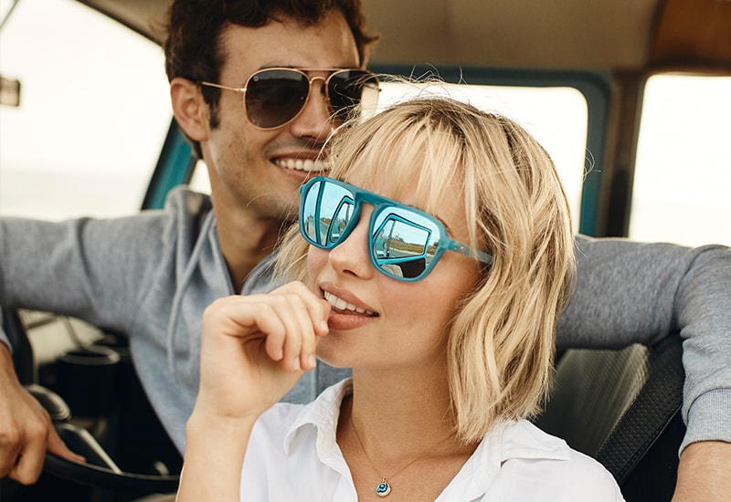 Sunglasses with Blue Frames and Polarized Blue Lenses, Female Model