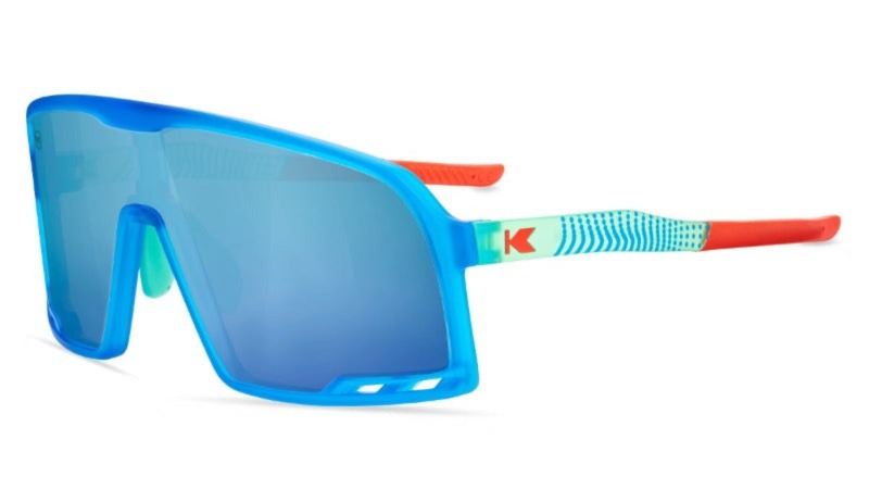 Sport Sunglasses with Blue Rubberized Frames and Polarized Aqua Lenses, Flyover