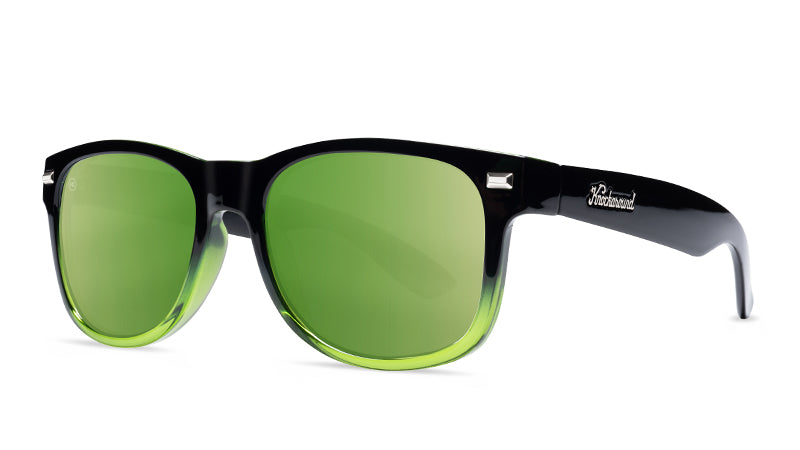 Sunglasses with Glossy Black Frames and Polarized Green Lenses, Threequarter