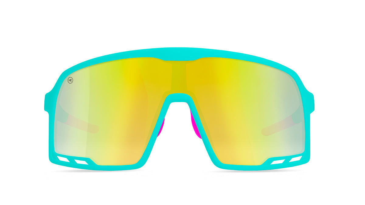 Sunglasses With Rubberized Aqua Frames and Yellow-Blue Lenses, Front