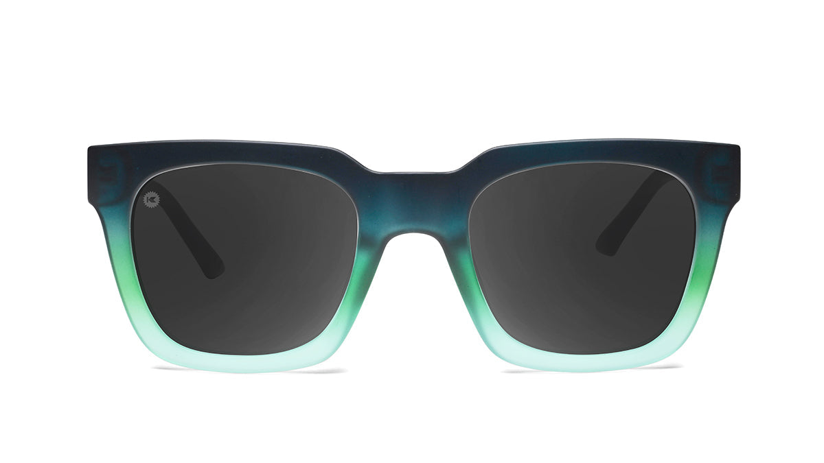 Sunglasses with Deep Blue to Light Blue Frames and Polarized Black Lenses, Flyover