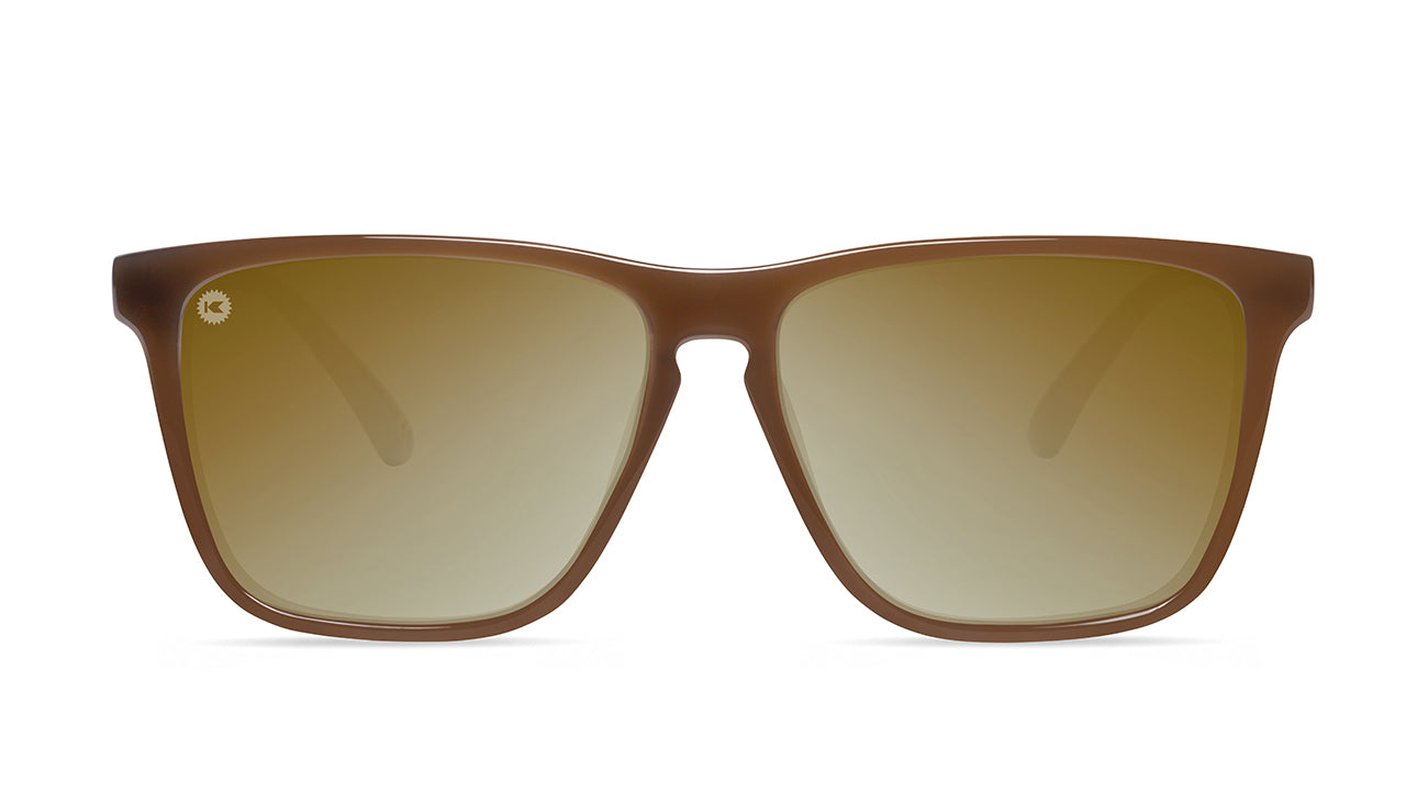 Sunglasses with Glossy Brown Frames and Polarized Gold Lenses, Flyover